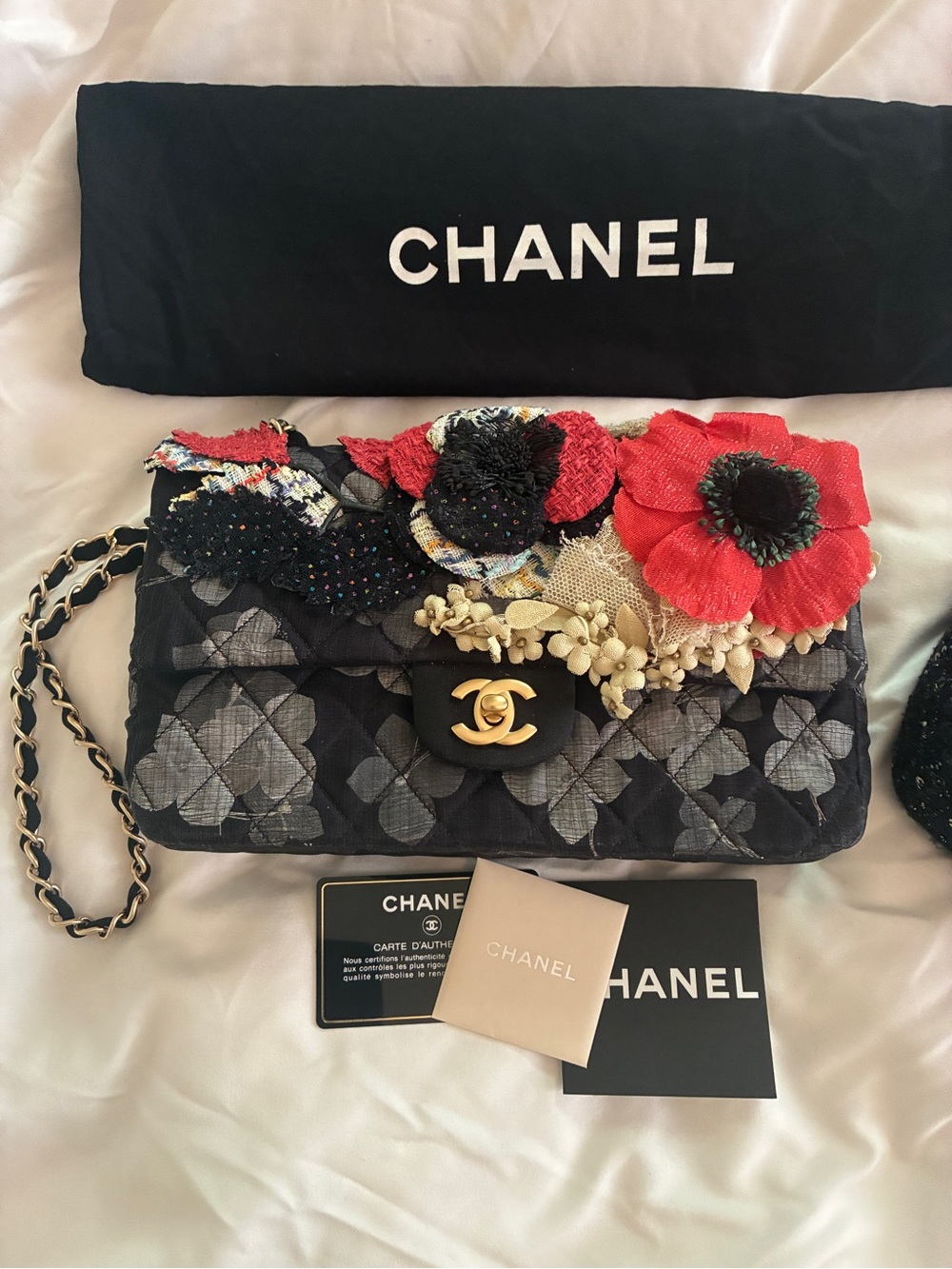 CHANEL Black Quilted Shoulder Bag with Red Floral Appliqués